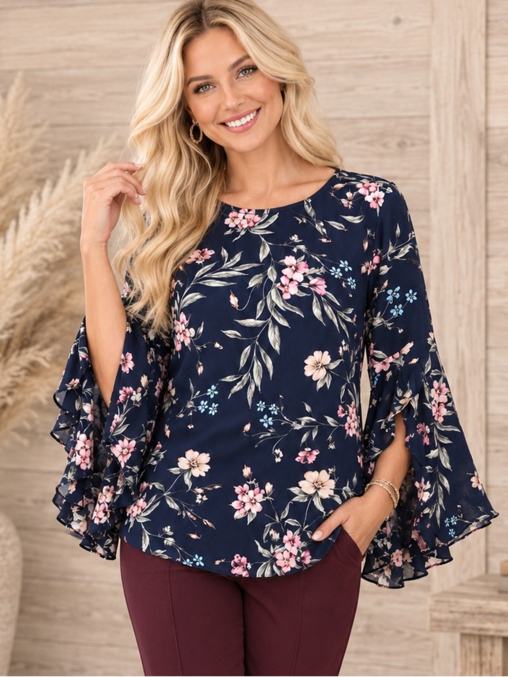 Love Riche Floral Navy Bell Sleeve Blouse